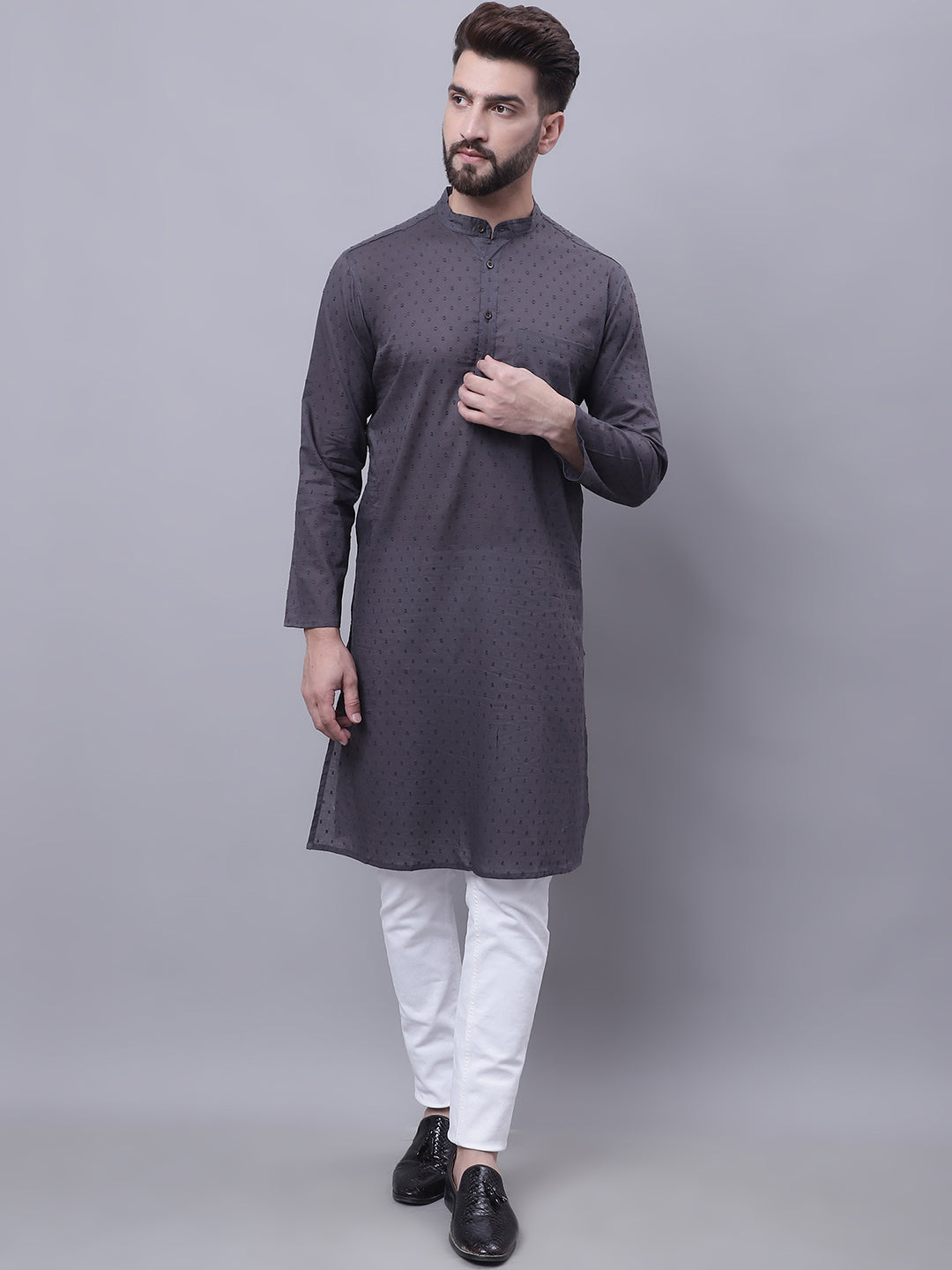 Even Apparels Grey Pure Cotton Kurta With Band Collar - Distacart