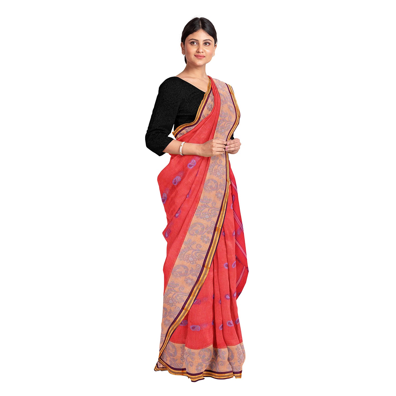 Exclusive Collection 100% Pure Cotton Red Tant Saree With Hand Weaving Work - Distacart