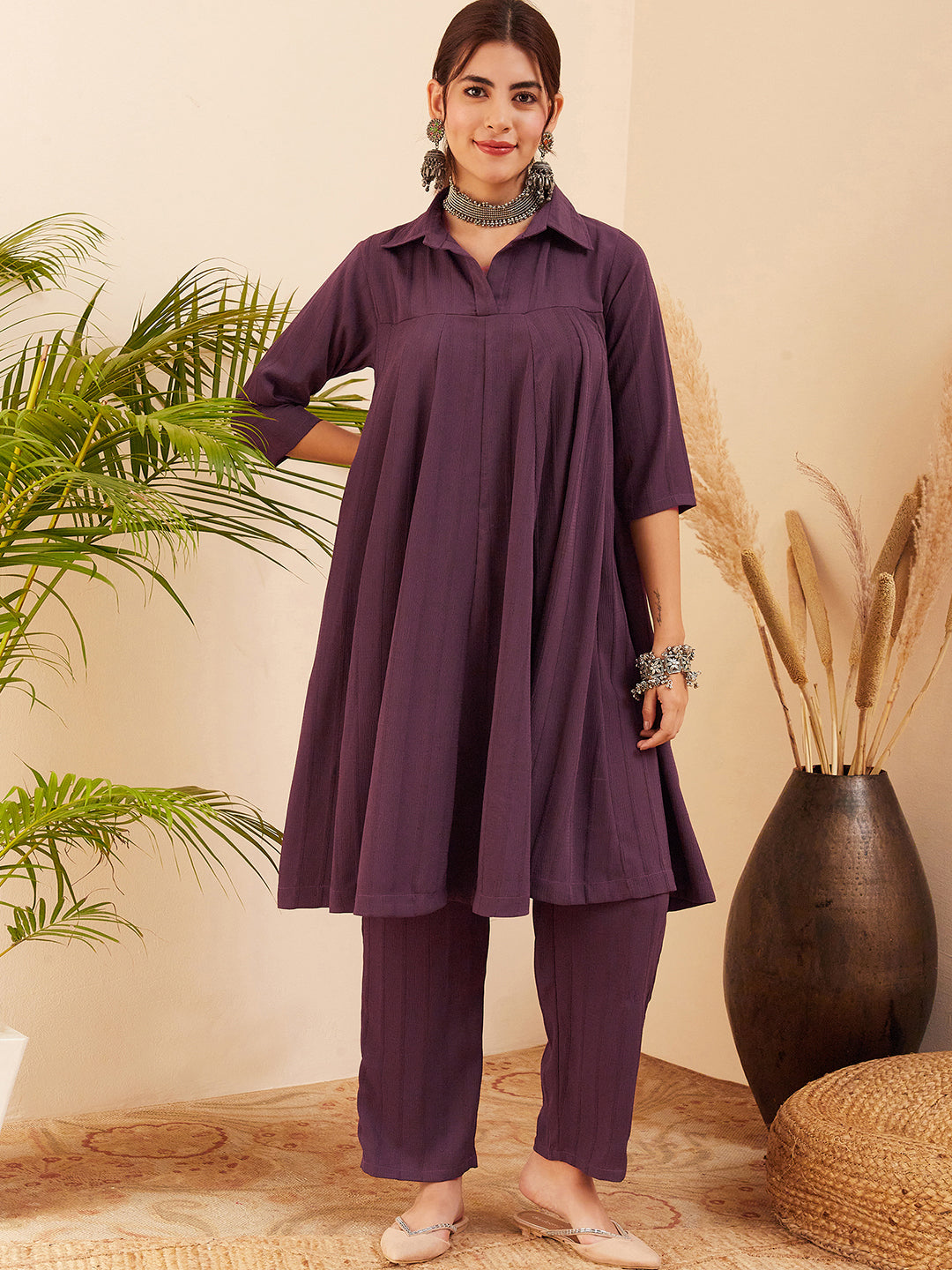 InWeave Women's Graphite Grey Collared Neck Flared Kurta Pant Set - Distacart