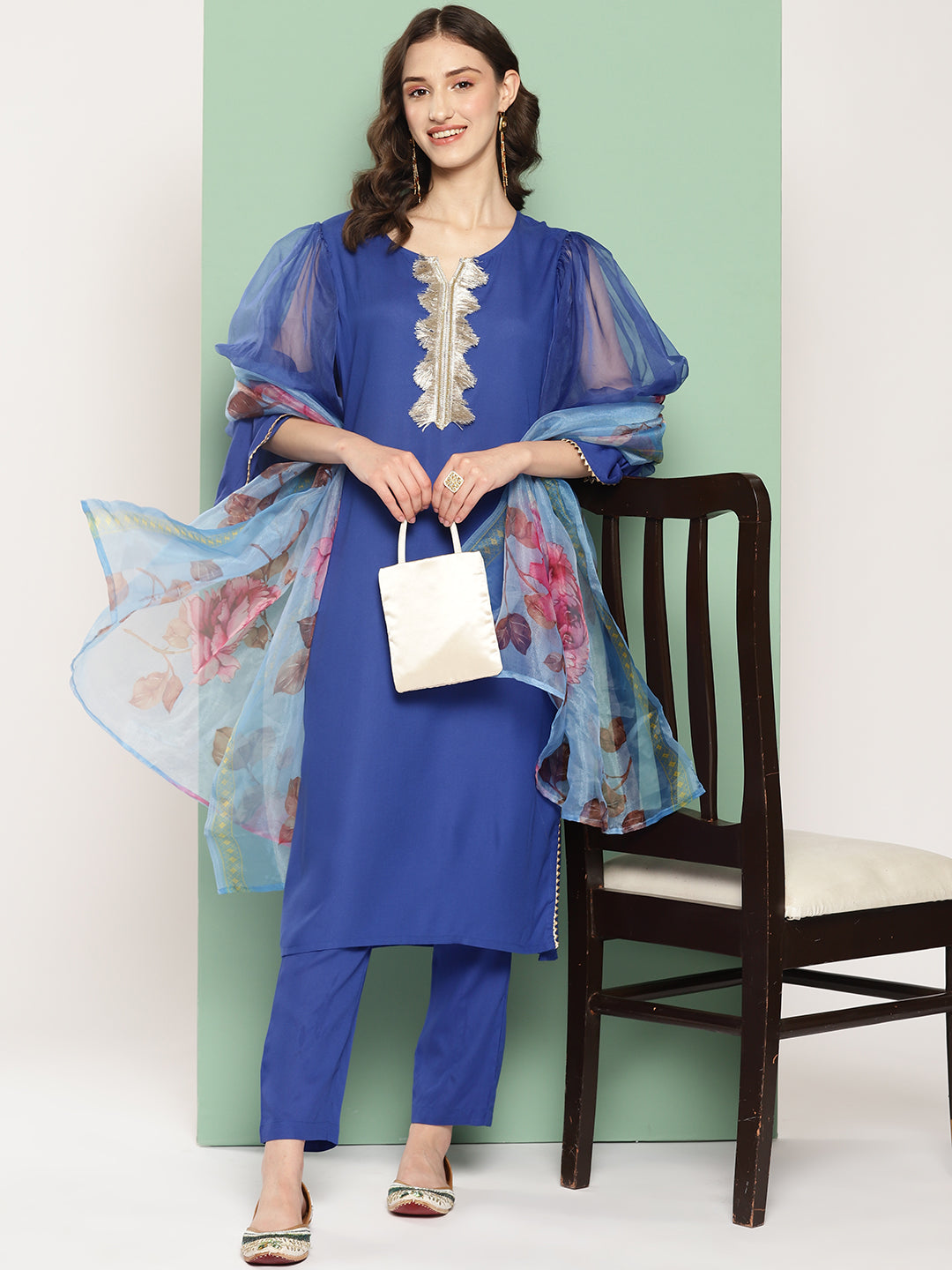 InWeave Women's Ink Blue Organza Sleeve Kurta Set W Blue Fuchsia Or Dupatta - Distacart