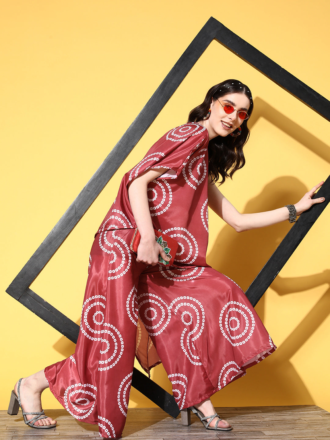 InWeave Women's Maroon Bandhani Motif One Shoulder Palazzo Set - Distacart