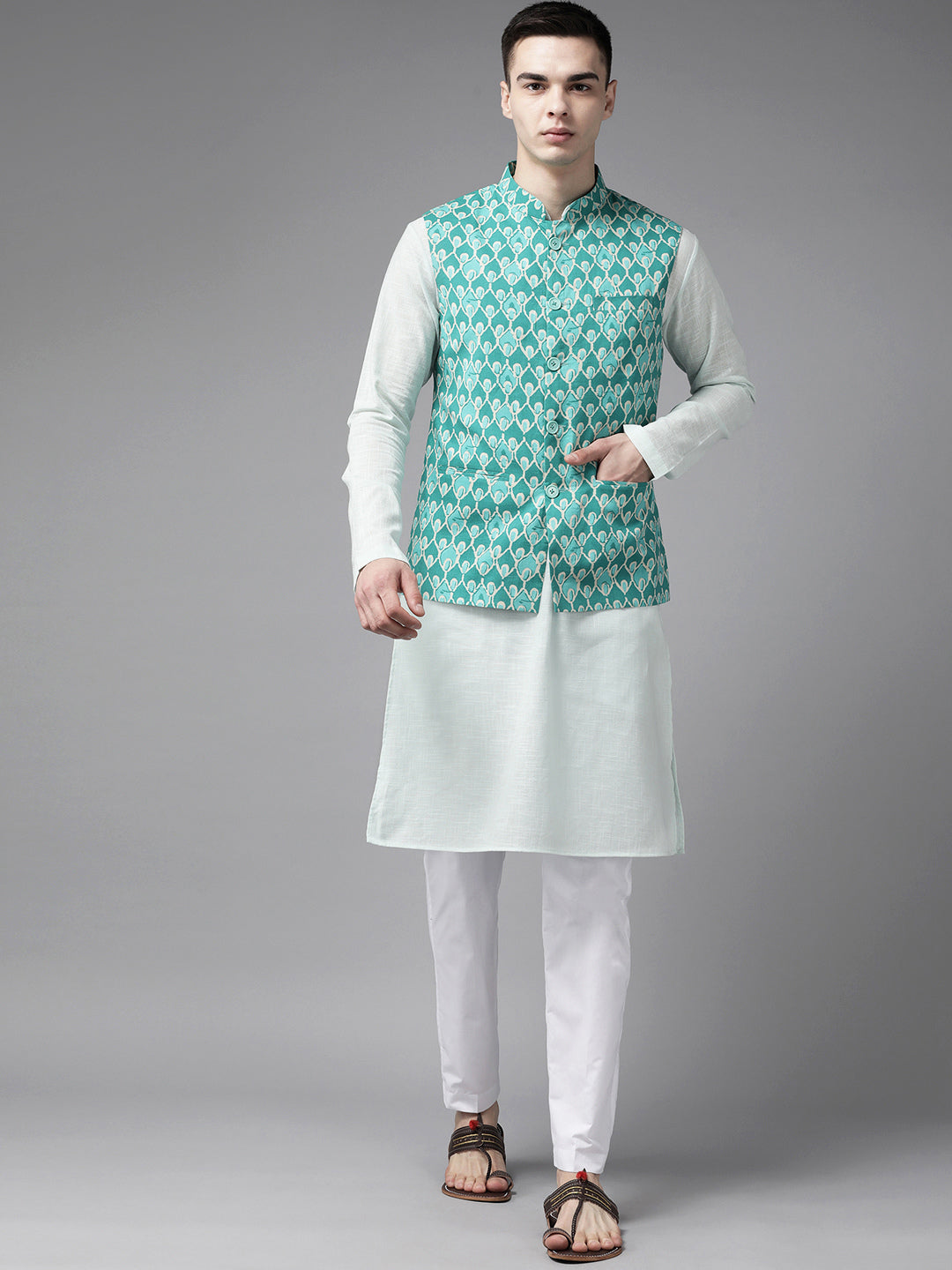 NOZ2TOZ Men Green Beige Printed Pure Cotton Kurta Pajama With Nehru Jacket
