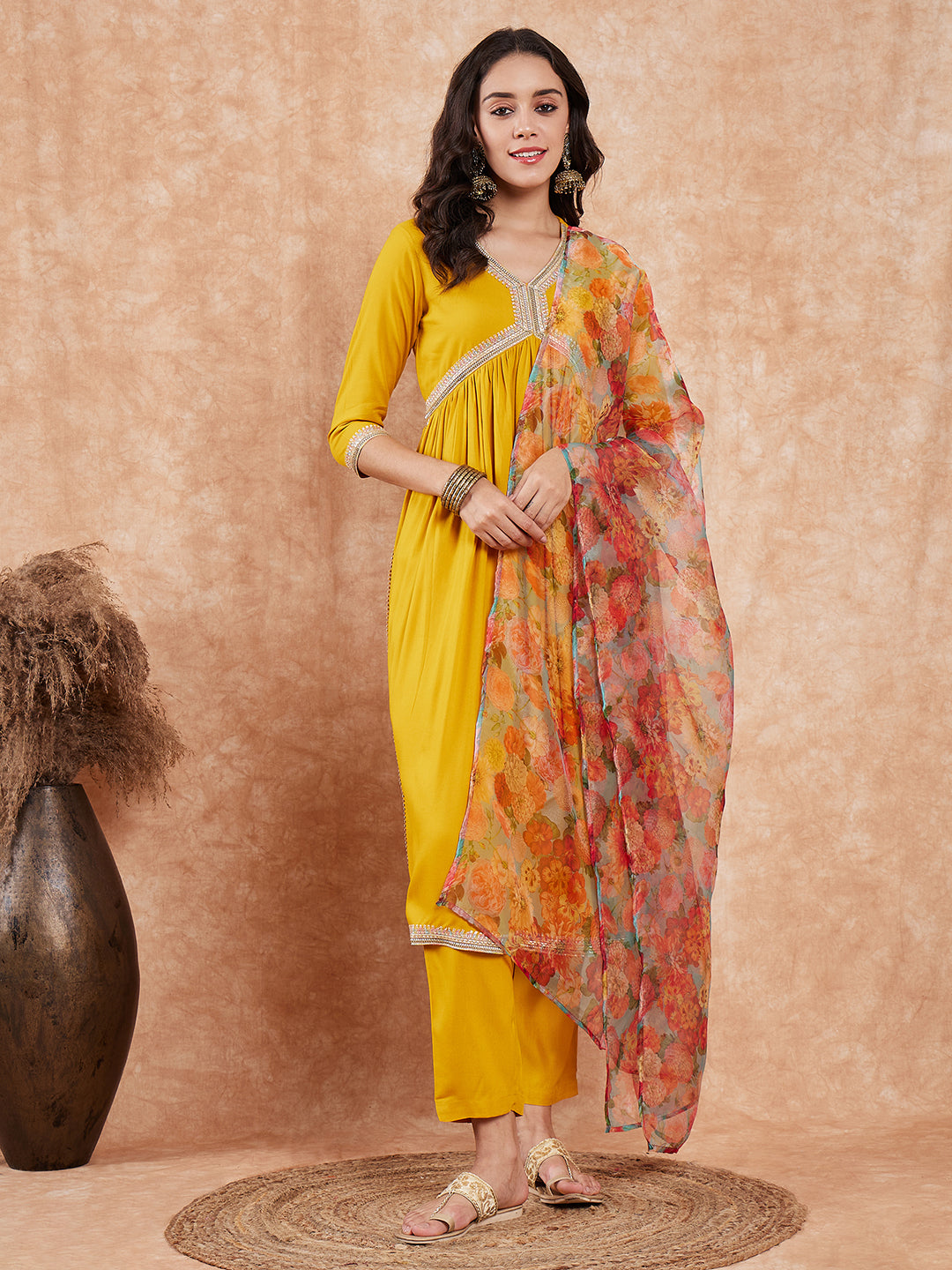 InWeave Women's Mustard Alia Neck Style Gota Set W Organza Dupatta - Distacart