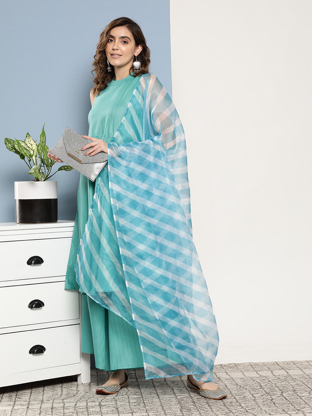 InWeave Women's Teal Lurex Boho Kurta Set With Sky Blue White Leh Dupatta - Distacart