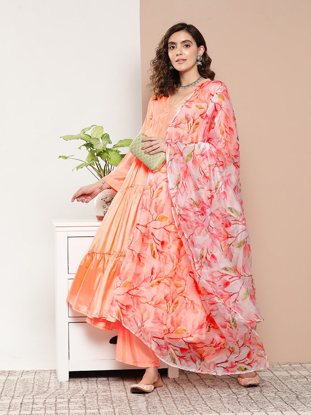 InWeave Women's Peach Tiered Anarkali Kurta Set - Distacart