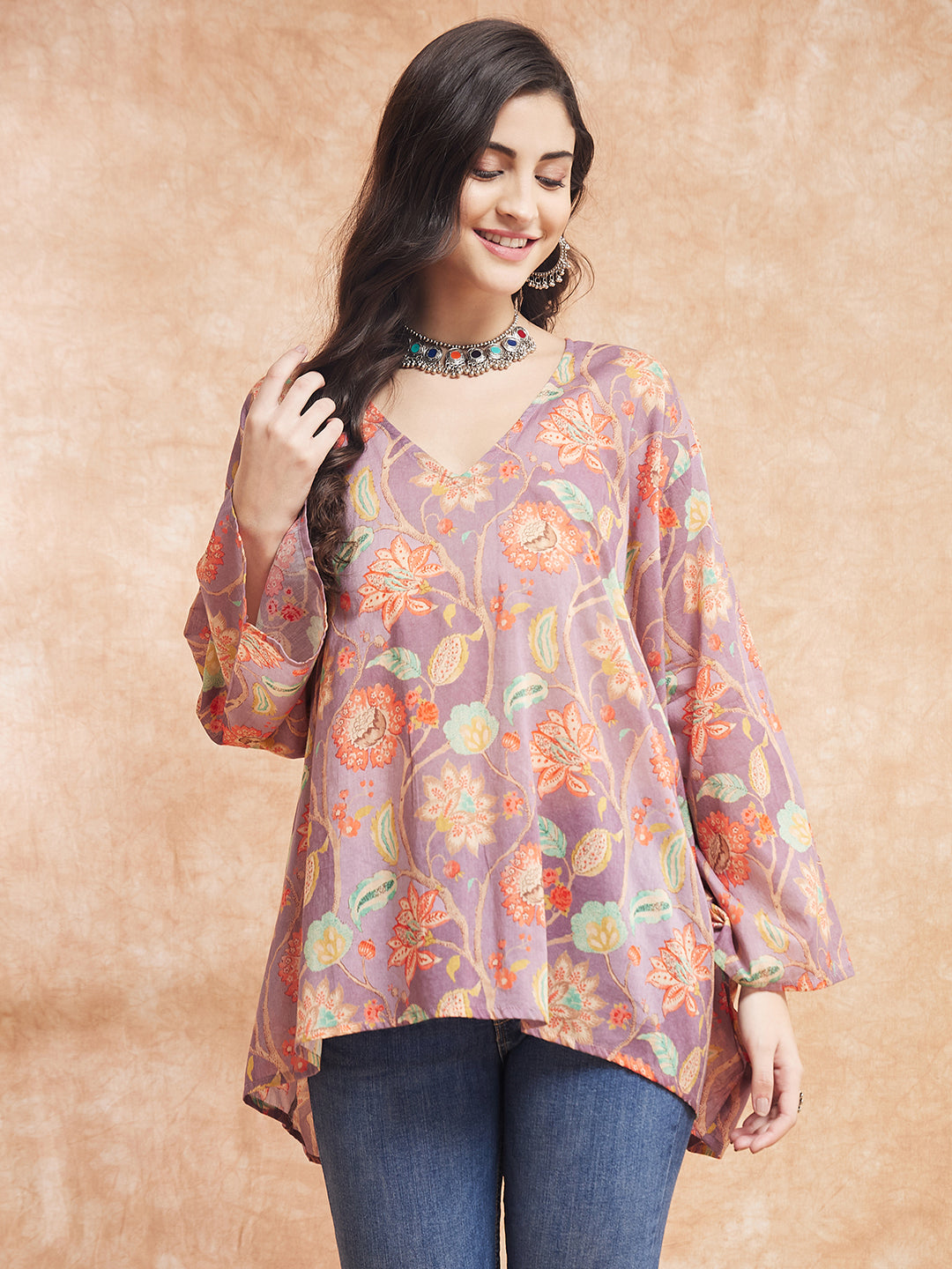 InWeave Women's Dove Grey Floral Digital Print Kaftan Boho Top - Distacart