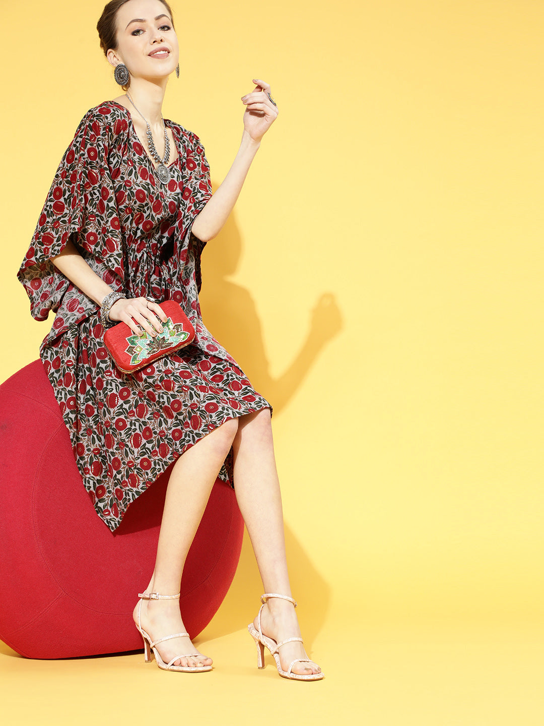 InWeave Women's Maroon Floral Jaal Print Kaftan Dress - Distacart