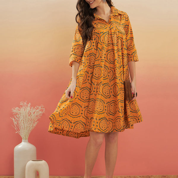 InWeave Women's Haldi Yellow Mughal Kalamkari Flared Dress - Distacart