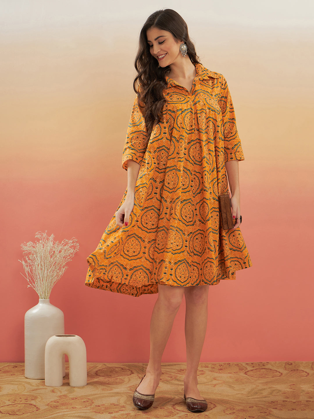 InWeave Women's Haldi Yellow Mughal Kalamkari Flared Dress - Distacart