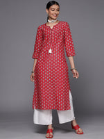 Thumbnail for Varanga Red Cotton Printed Kurta With Dori & Tassels Detailing - Distacart