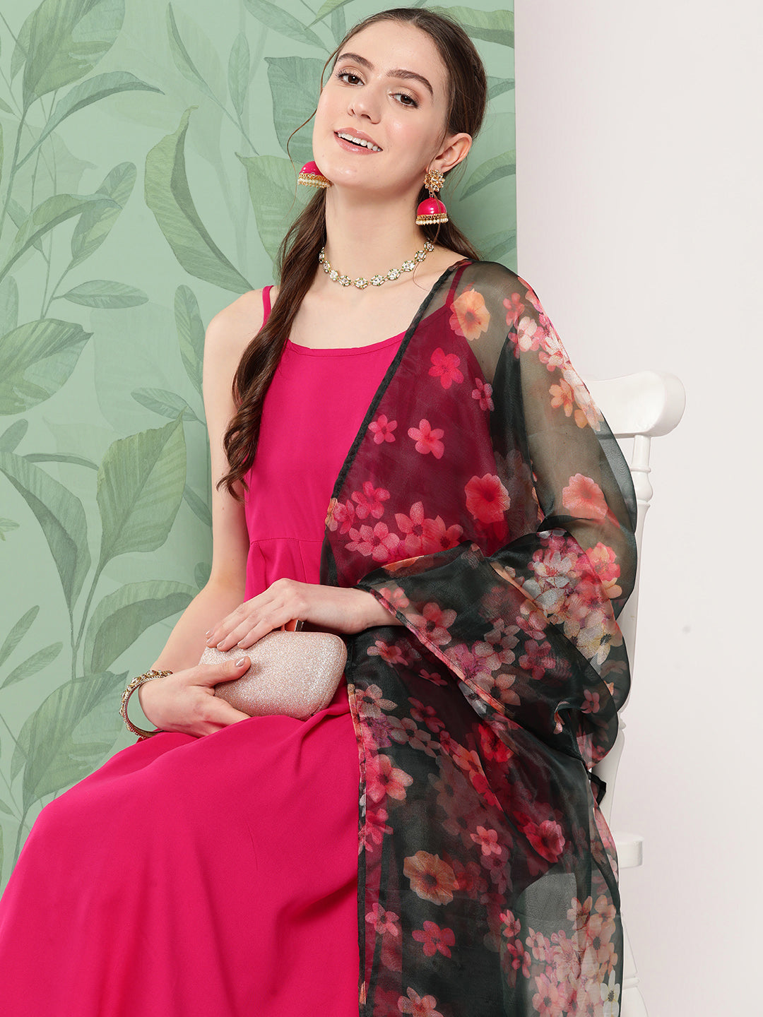 InWeave Women's Fuchsia Strappy Set W Dark Green Camelia Or Dupatta - Distacart