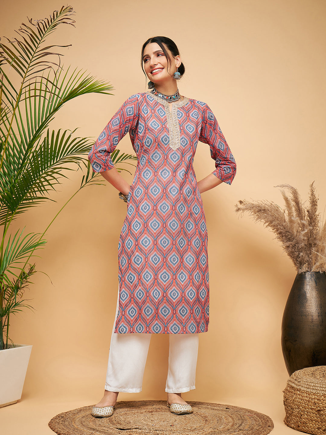 InWeave Women's Red Blue Ogee Print Gota Straight Kurta Pant Set - Distacart