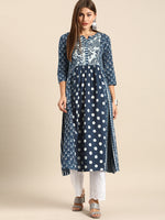 Thumbnail for Varanga Mix And Match Navy Blue And White Printed Paneled Kurta With Round Neckline And 3/4Th Sleeves - Distacart
