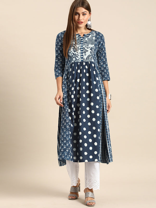 Varanga Mix And Match Navy Blue And White Printed Paneled Kurta With Round Neckline And 3/4Th Sleeves - Distacart