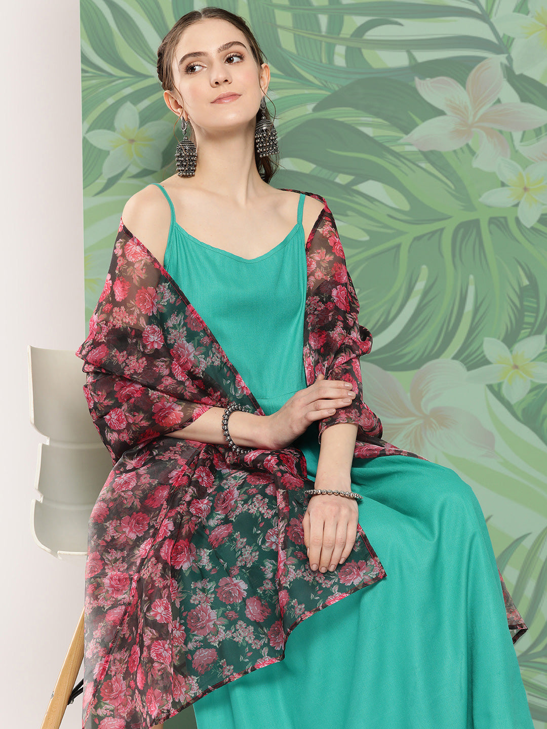 InWeave Women's Teal Strappy Set W Black Pink Camelia Or Duptta - Distacart