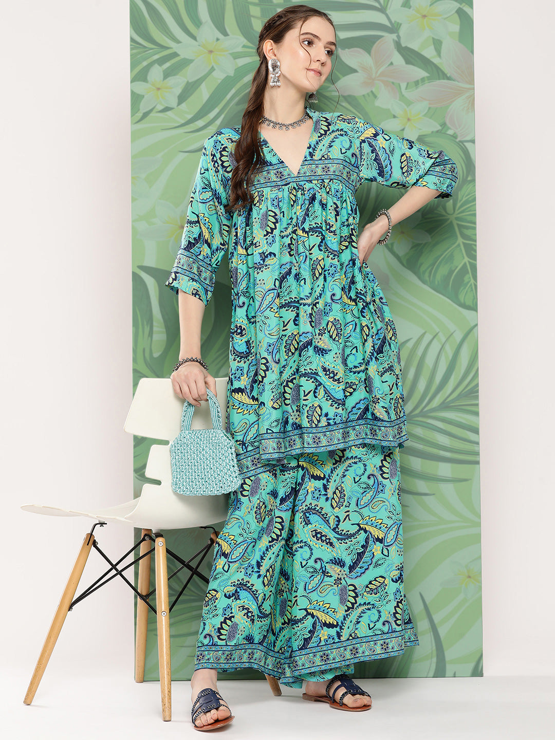 InWeave Women's Turquoise Blue Camelia Printed Ethnic Kurta Set - Distacart