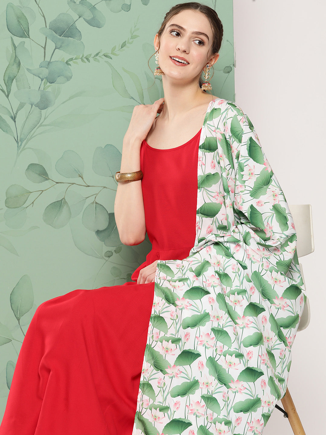 InWeave Women's Red Strappy Set W White Pink Lotus Cr Duptta - Distacart