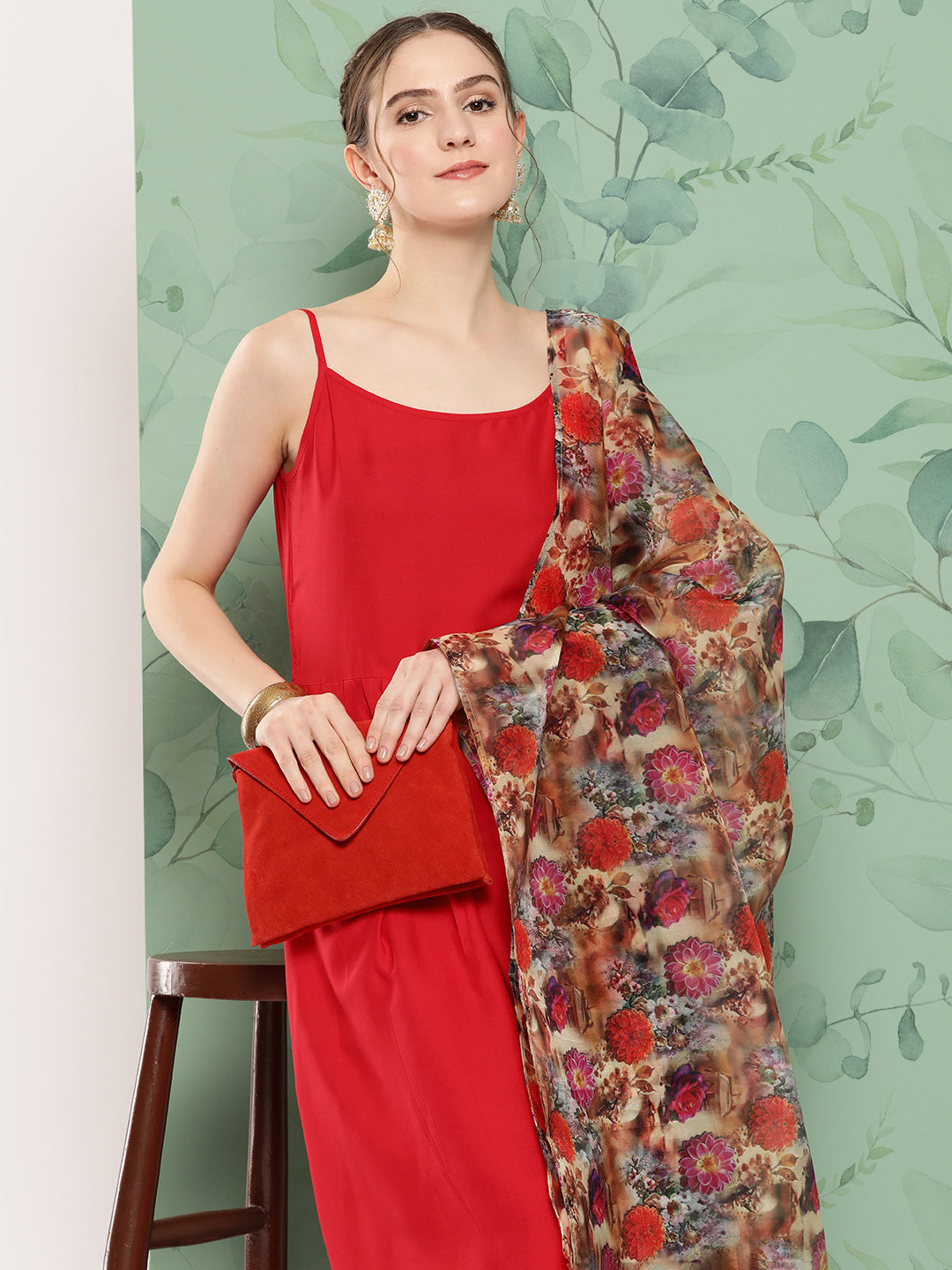 InWeave Women's Red Strappy Set W Camel Brown Or Duptta - Distacart