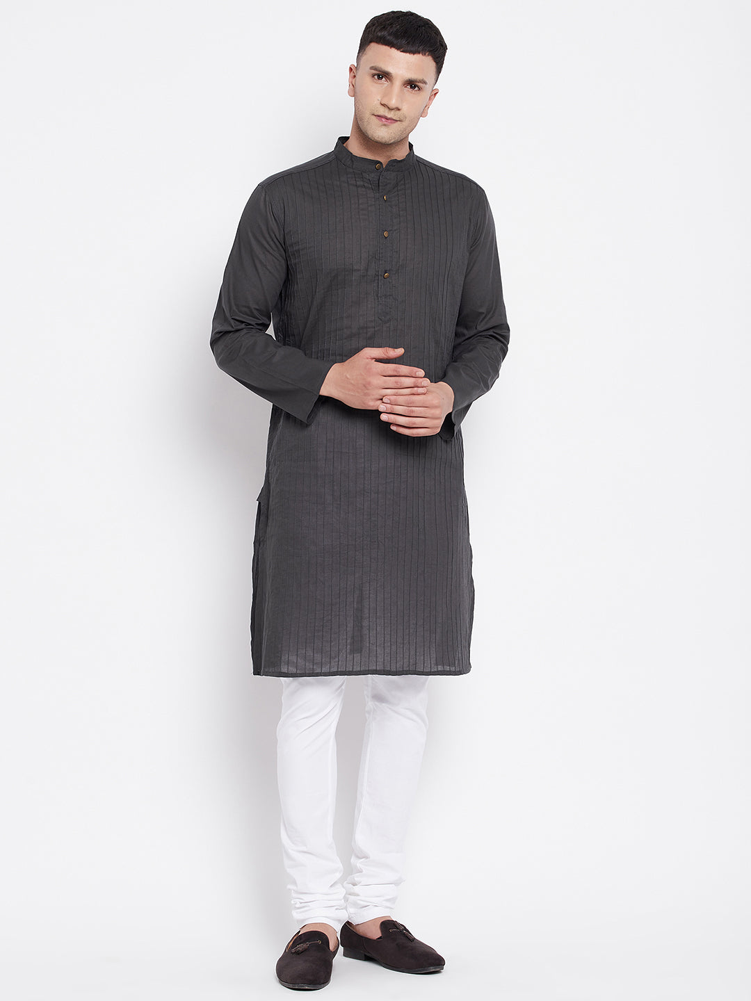 Even Apparels Grey Pure Cotton Kurta With Band Collar - Distacart