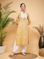 Thumbnail for InWeave Women's Lime Pink Print Patch Cotton Straight Kurta Pant Set - Distacart