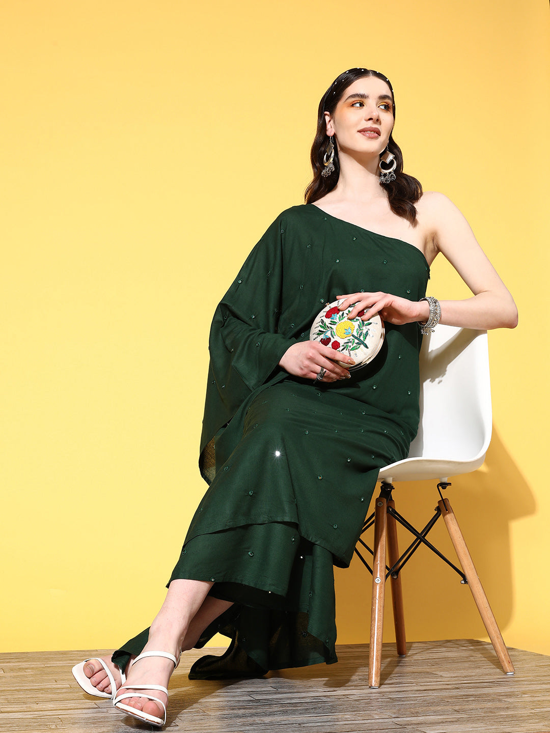 InWeave Women's Green Mirror Work One Shoulder Kurta Set - Distacart