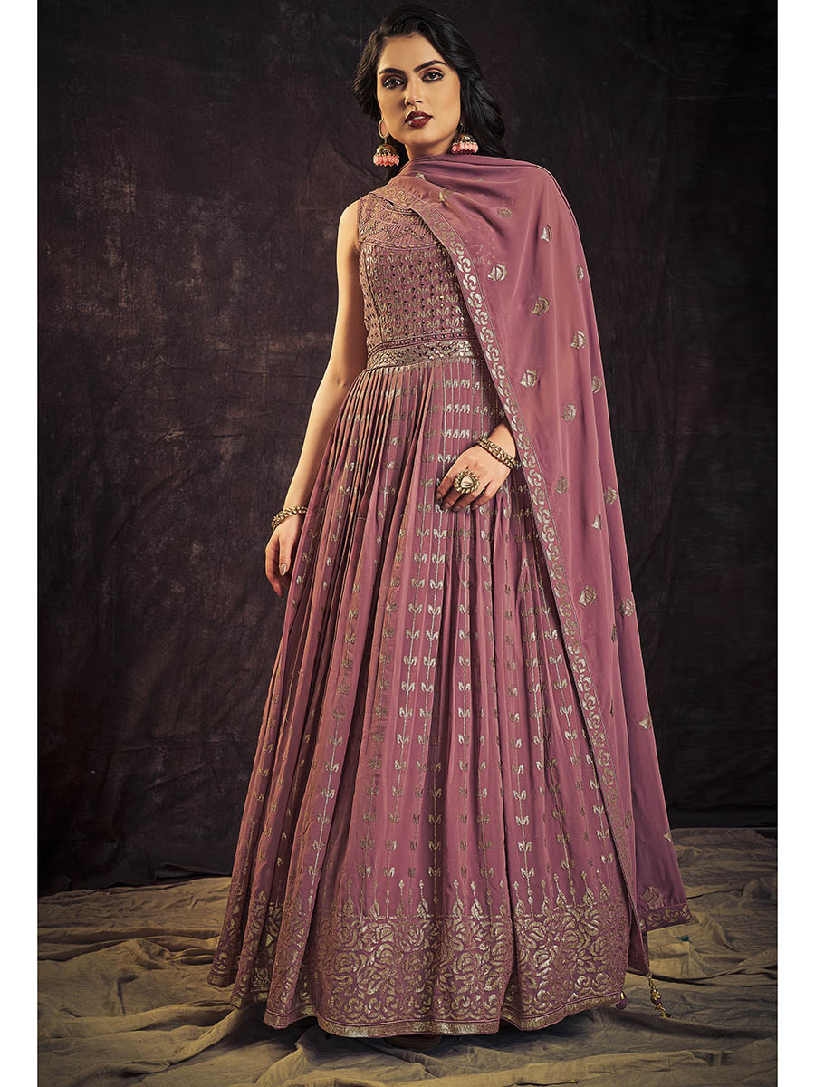 Myra Mauve Real Georgette Designer Gown Style Suit - Distacart