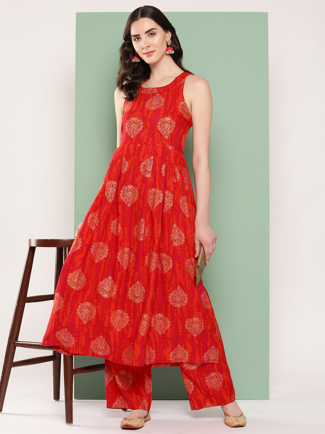 InWeave Women's Rust Mughal Print Raisa Back Detial Long Coords Set - Distacart