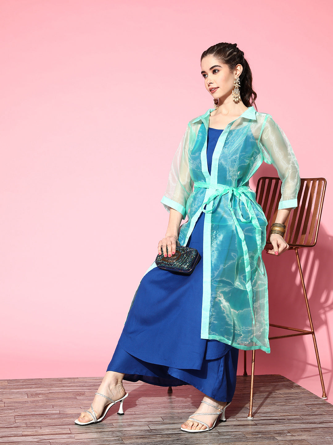 InWeave Women's Ink Blue Strappy Kurta Set With Teal Organza Cape - Distacart