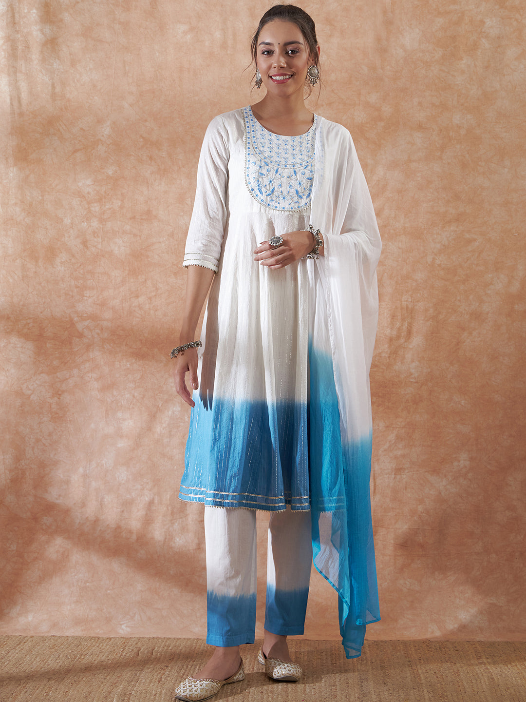 InWeave Women's White Lurex Blue Dye Patch Gota Anarkali Kurta Set W Dupatta - Distacart