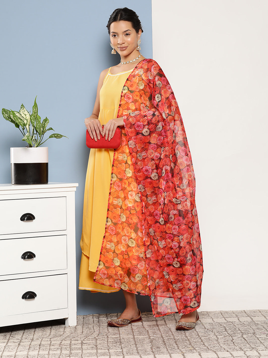 InWeave Women's Cassatta Yellow Cr Strappy Set With Rose Print Dupatta - Distacart