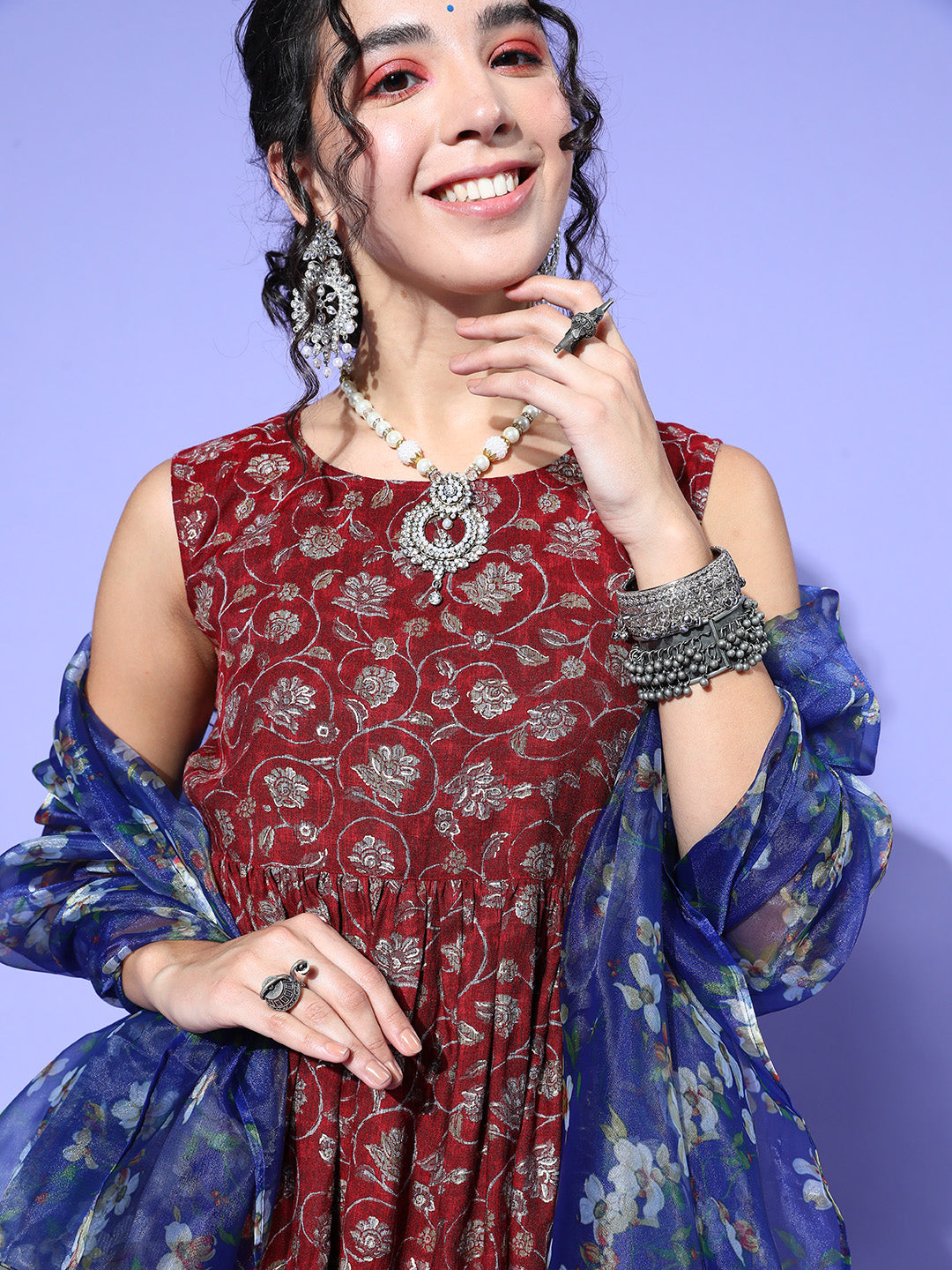 InWeave Women's Burgundy Printed Kurta Sharara Set With Blue Organza Dupatta - Distacart