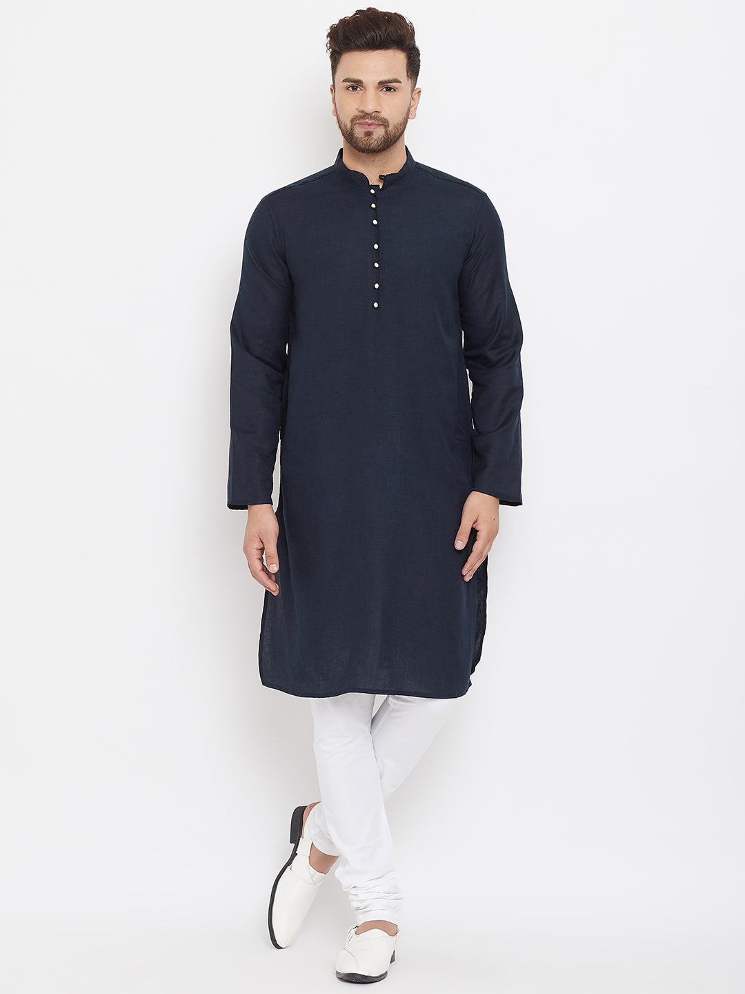Even Apparels Blue Pure Cotton Kurta With Band Collar - Distacart
