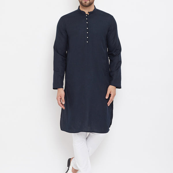 Even Apparels Blue Pure Cotton Kurta With Band Collar - Distacart
