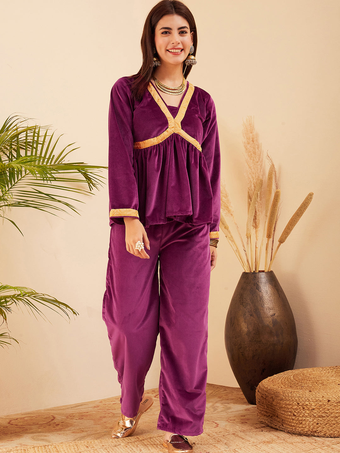 InWeave Women's Wine Mughal Shaan Style Velvet Short Kurta Set - Distacart