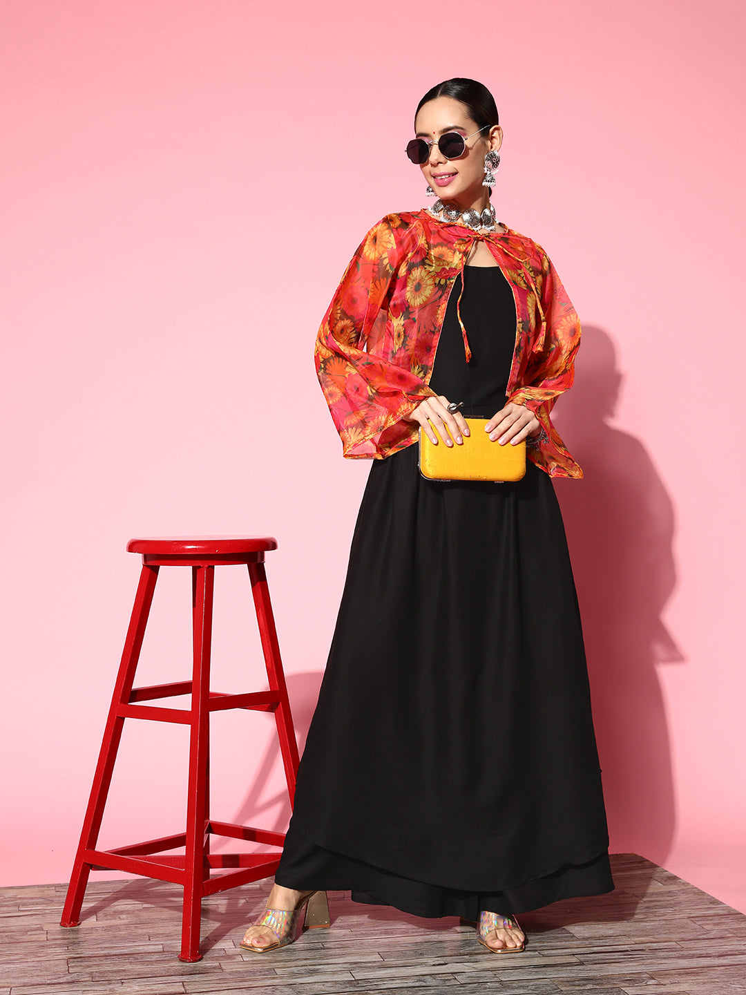 InWeave Women's Black Strappy Set With Pink Mustard Floral Short Organza Cape - Distacart