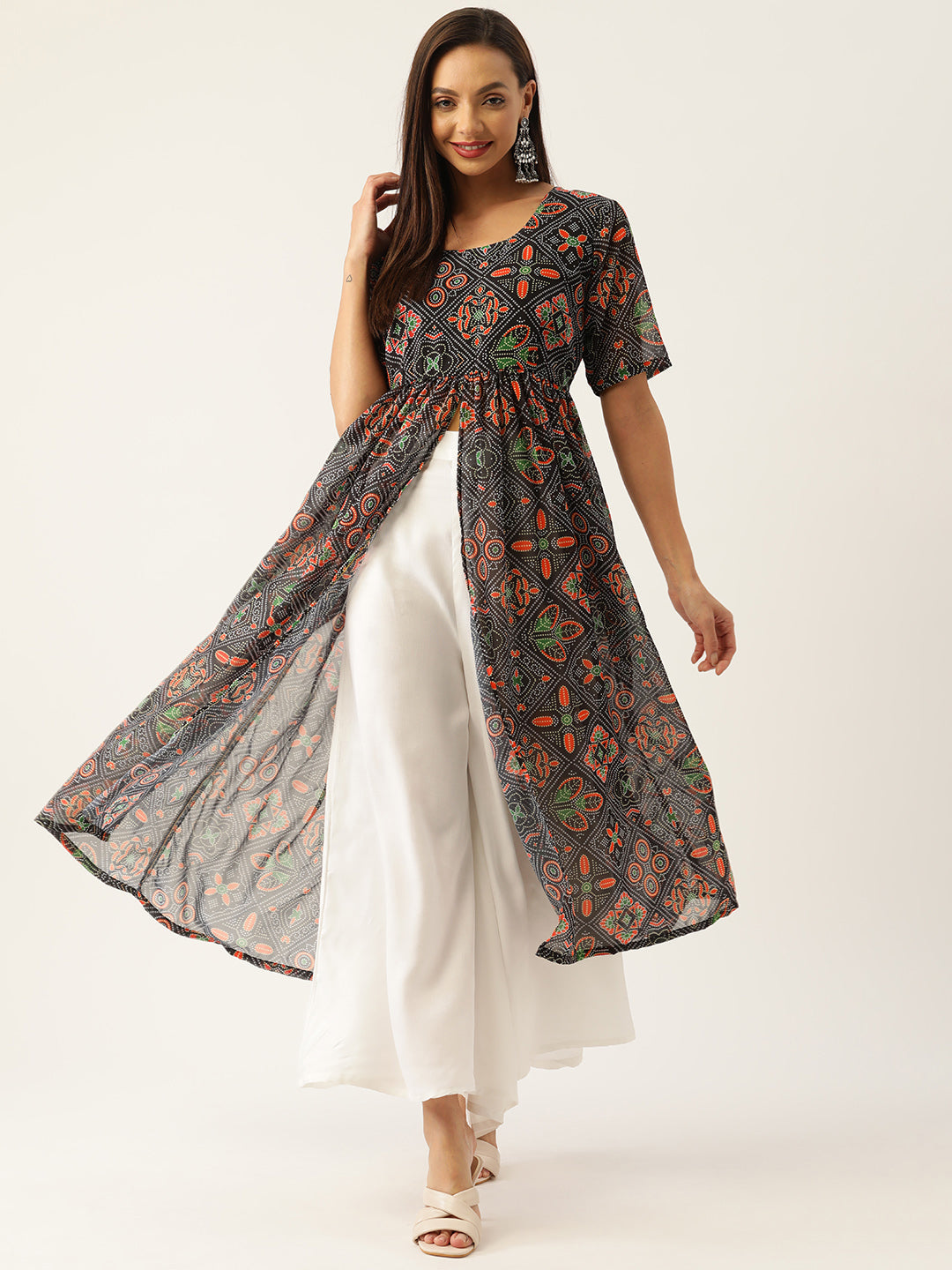 InWeave Women's Black Bandhani Georgette Front Slit Kurta Set - Distacart