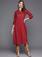 Thumbnail for Varanga Women Maroon Straight Kurta With Gold Print And Embroidered Yoke - Distacart
