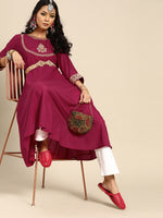 Thumbnail for Varanga Women Magenta Embroidered Round Neck Kurta - Distacart