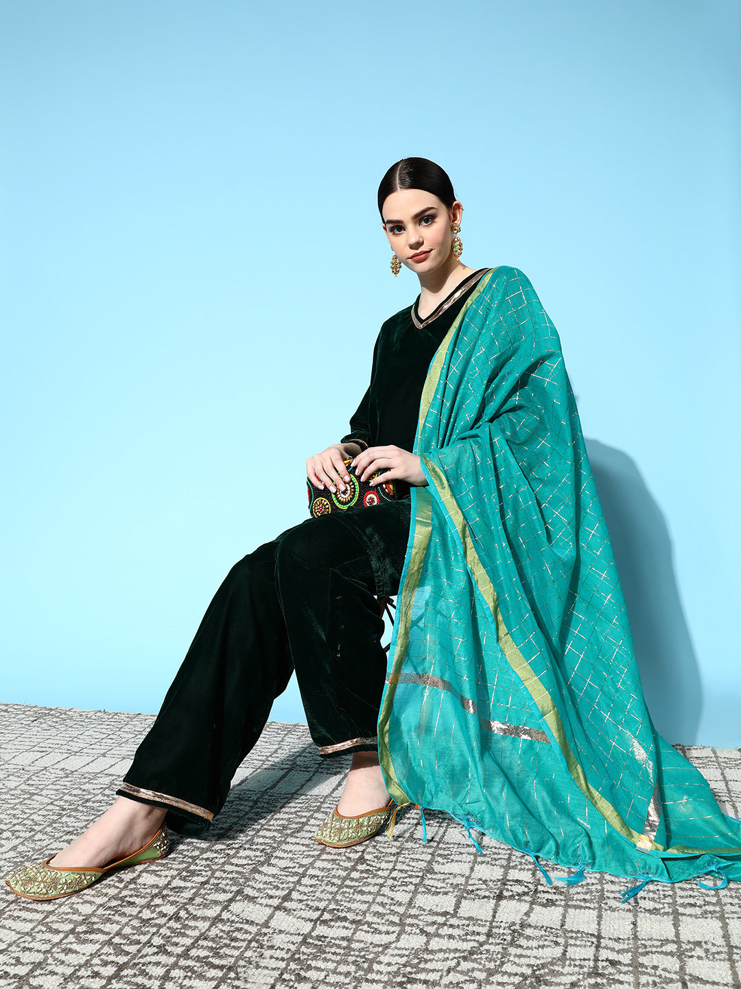 InWeave Women's Green Velvet Kurta Set With Teal Gold Check Dupatta - Distacart