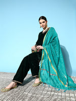 Thumbnail for InWeave Women's Green Velvet Kurta Set With Teal Gold Check Dupatta - Distacart