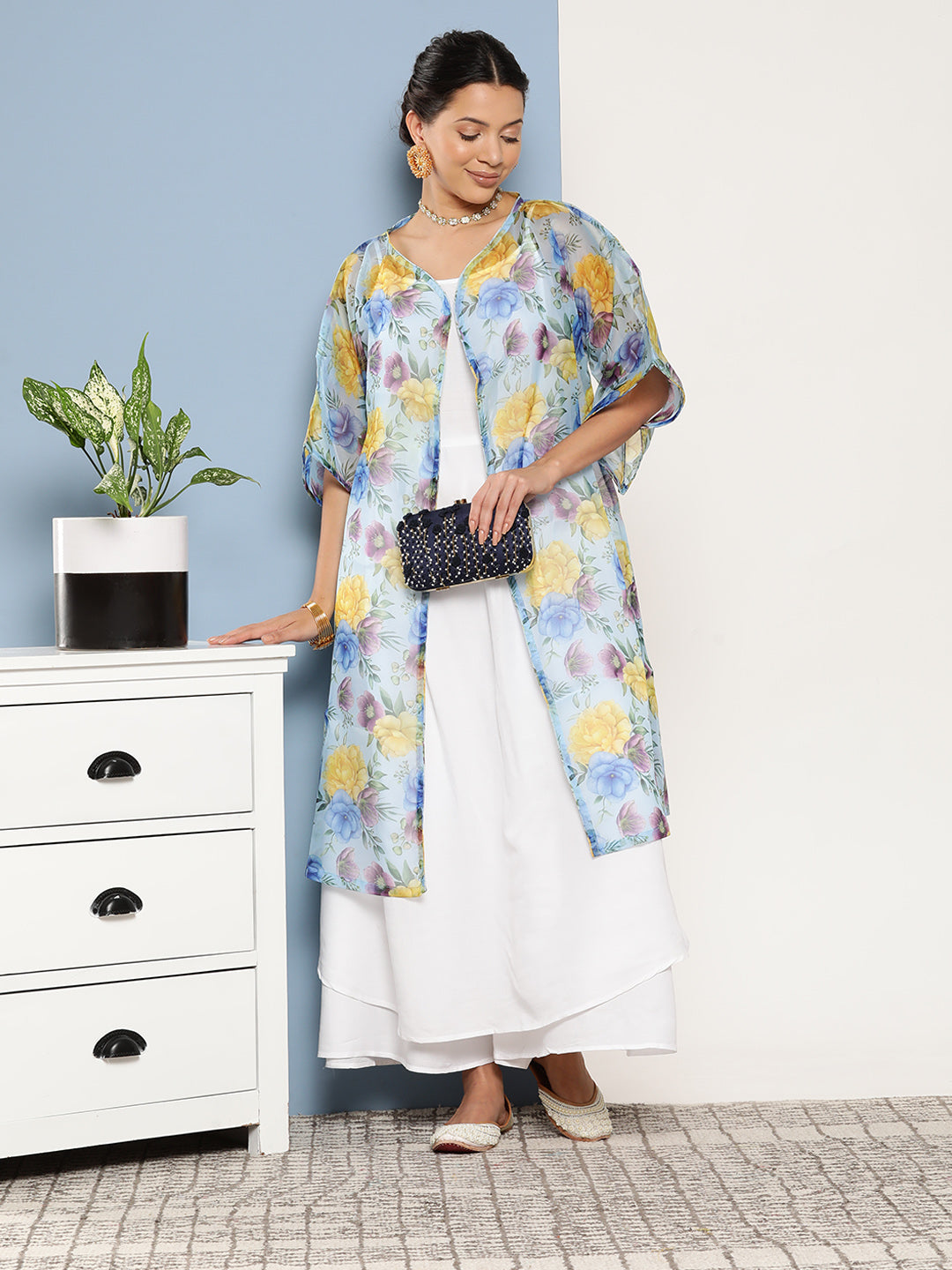 InWeave Women's Cream Strappy With Blue Floral Print Cape - Distacart
