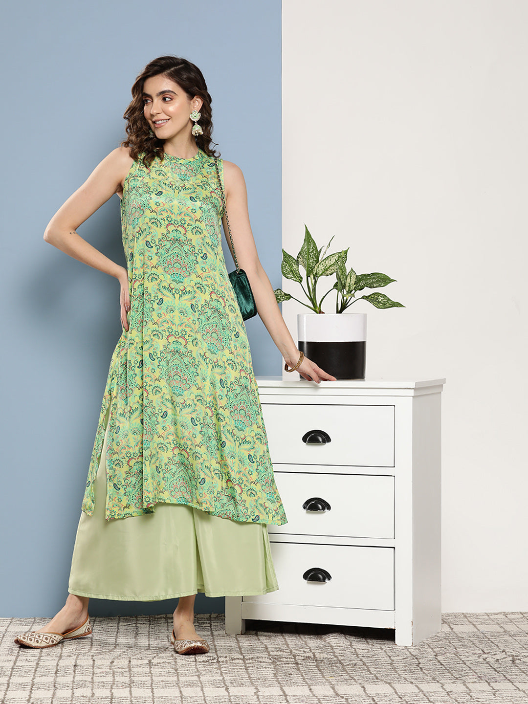 InWeave Women's Green Pastel Print Halter Kurta Set - Distacart