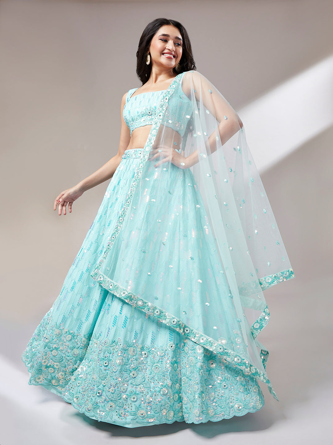House of Panchhi Turquoise Blue Georgette Sequinse Embroidery Lehenga Choli & Dupatta - Distacart
