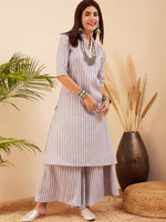 Thumbnail for InWeave Women's Light Grey Lurex Kantha Mandarin Neck Kurta Palazzo Set - Distacart