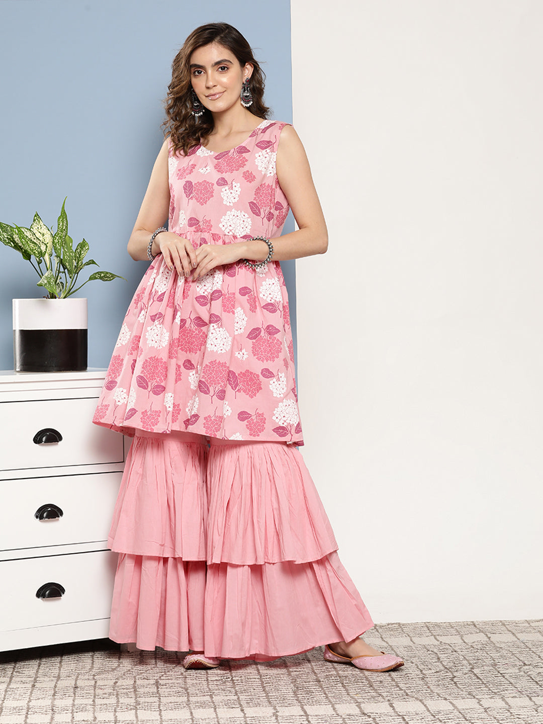 InWeave Women's Pink Printed Chintz Tiered Sharara Set - Distacart