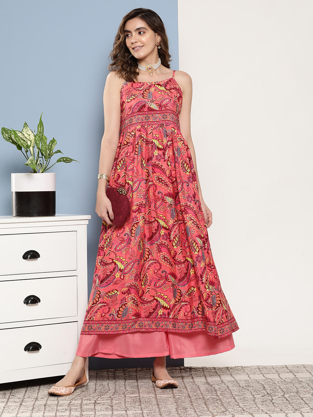 InWeave Women's Camelia Pastel Peach Print Strappy Kurta Set - Distacart