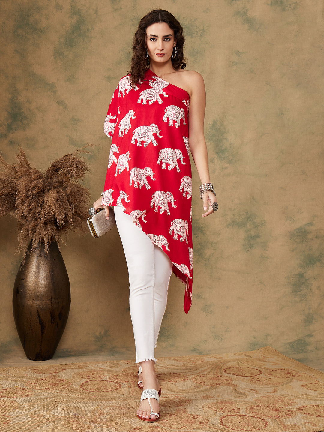 InWeave Women's Red Elephant Print Oneshoulder Top - Distacart