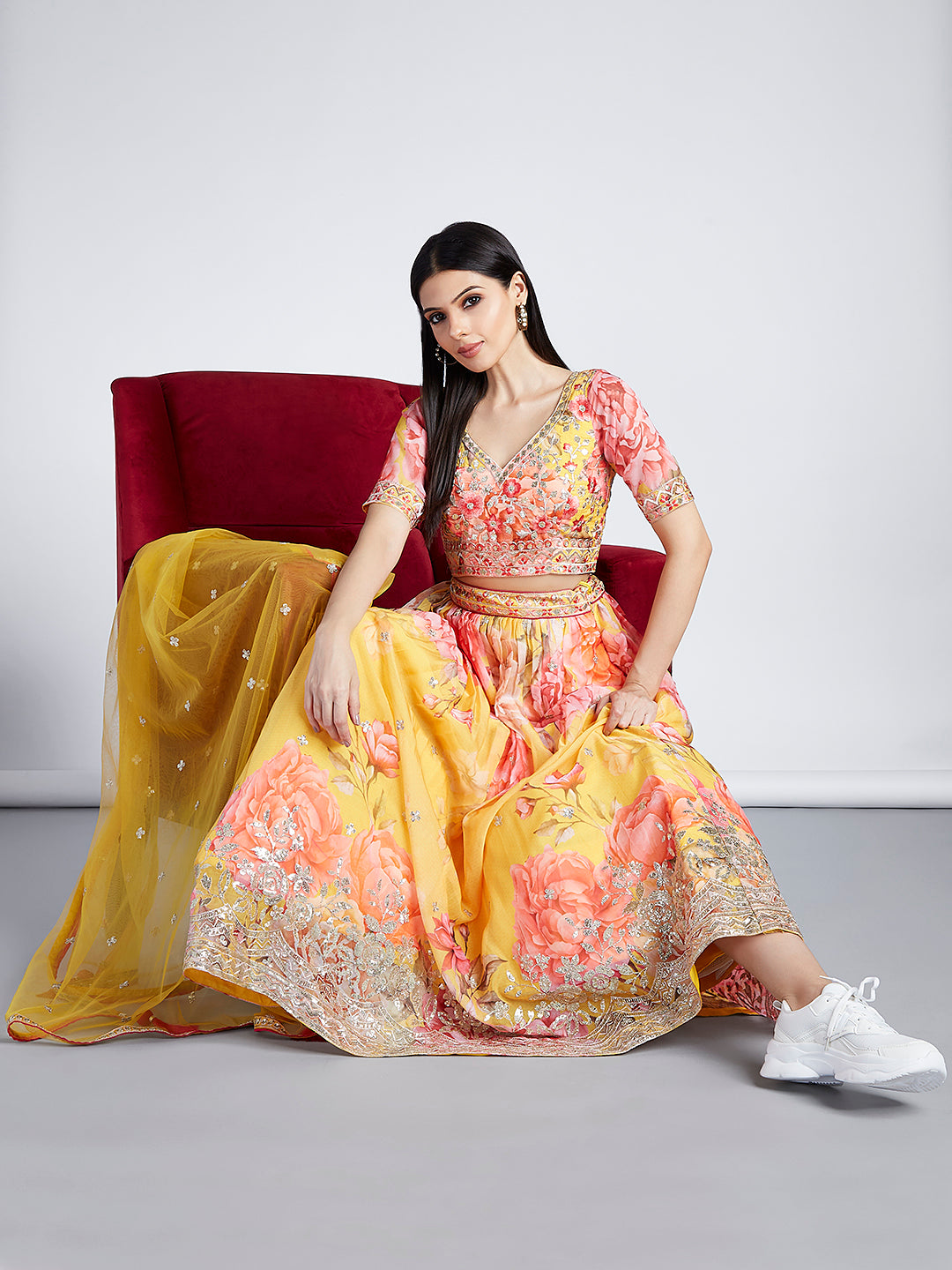 House of Panchhi Yellow Colour Organza Floral Design Digital Print Lehenga Choli & Dupatta - Distacart