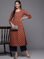 Thumbnail for Varanga Rust Floral Printed Straight Kurta With Hand Work Detailigs - Distacart