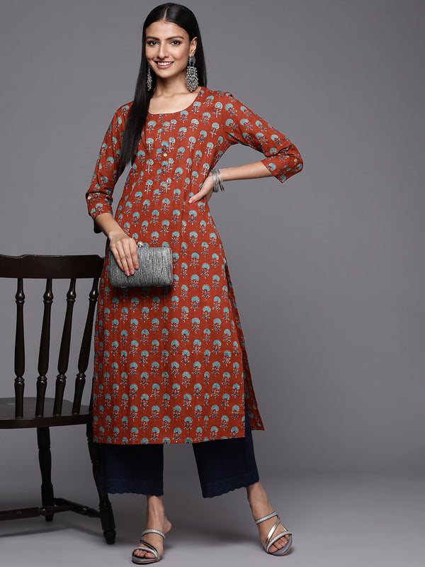 Varanga Rust Floral Printed Straight Kurta With Hand Work Detailigs - Distacart